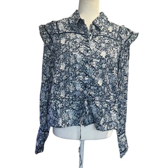Free People Tops - Free People “Chambray Combo” Floral Ruffle Blouse – NWT – Size M – $128 Retail